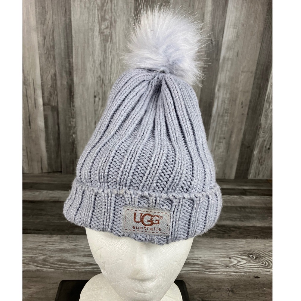 UGG Australia Grey Ribbed Knit Beanie Faux Fur Pom Fleece Lined Winter Hat